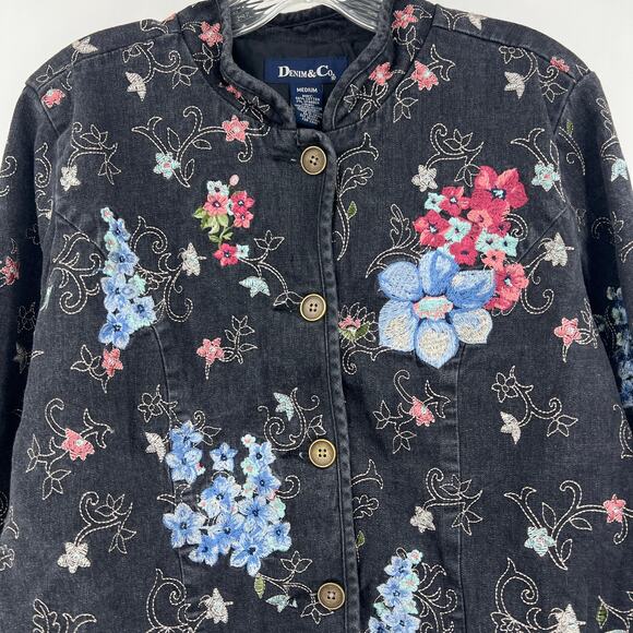 Denim & Co (M) VINTAGE 90s Womens Black Floral Embroidered Button Up Jean Jacket - Picture 3 of 9